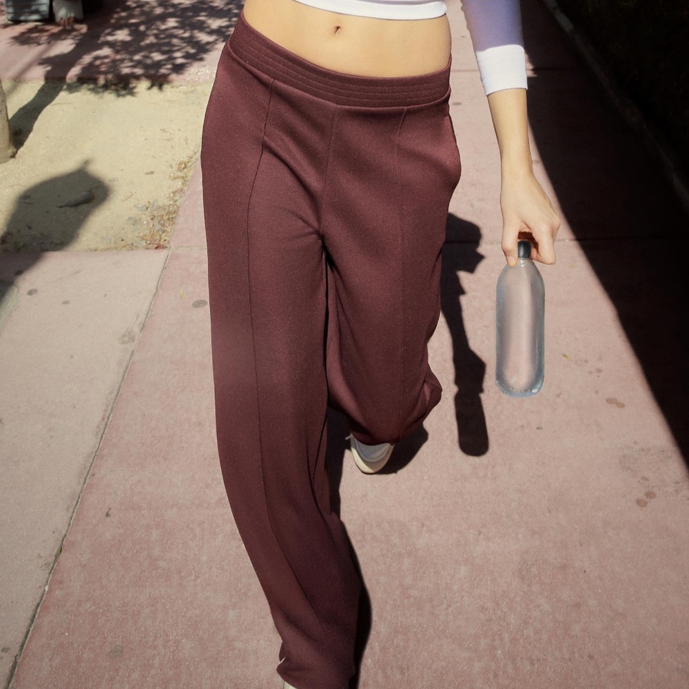 Zara burgundy zippered wide leg track pants NWT